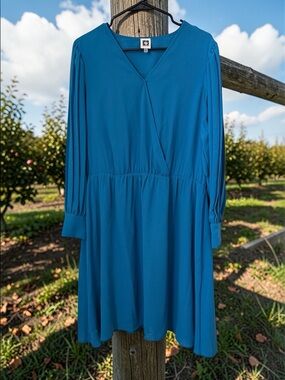 Anne Klein Teal Long Sleeve V-Neck Dress